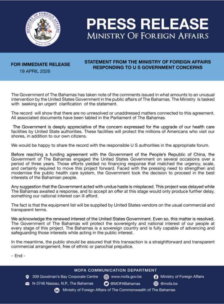 Statement from the Ministry of Foreign Affairs responding to US Government concerns