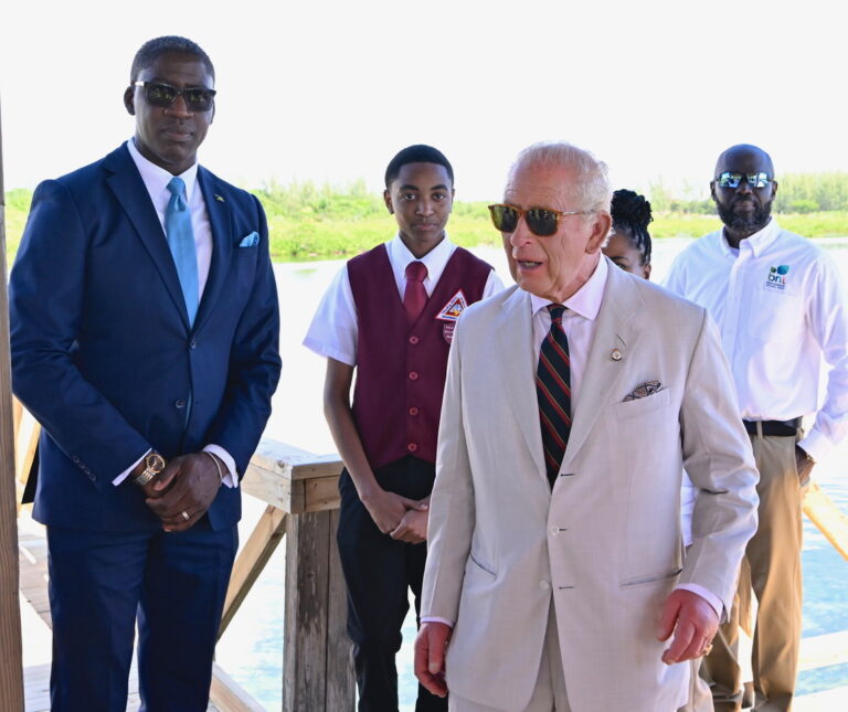 King Charles takes in the stark beauty of Bonefish Pond