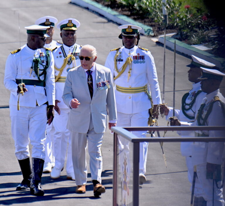 King Charles III laid a wreath at the Royal Bahamas Defence Force base in honour of fallen marines