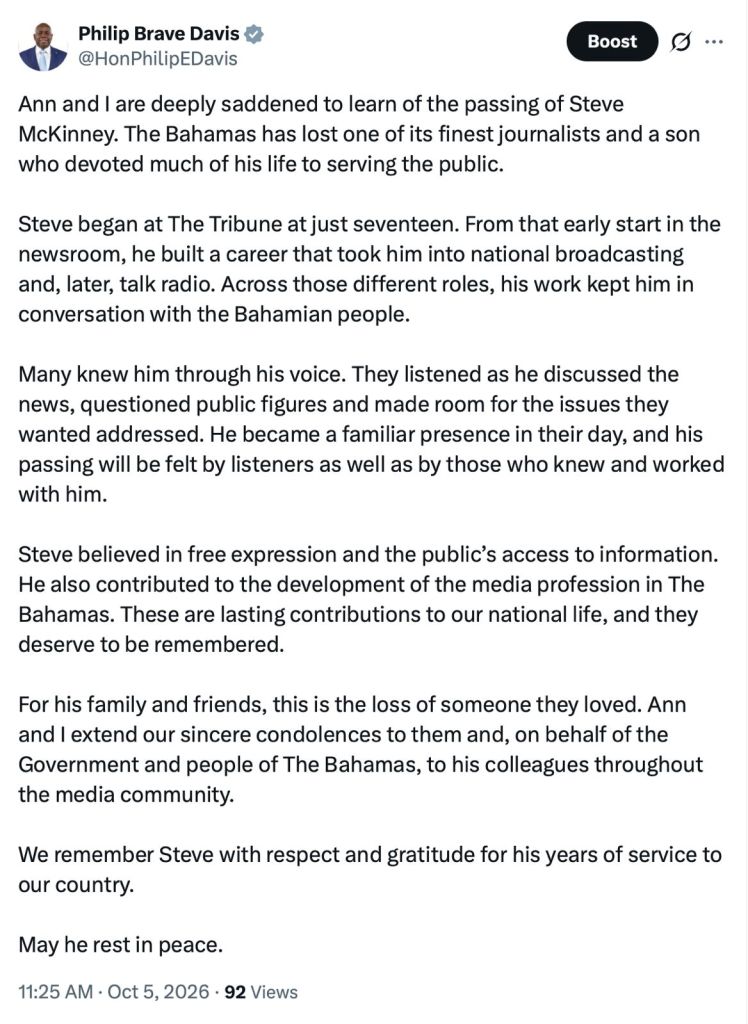 Prime Minister Davis Offers Condolences on the Passing of Steve McKinney